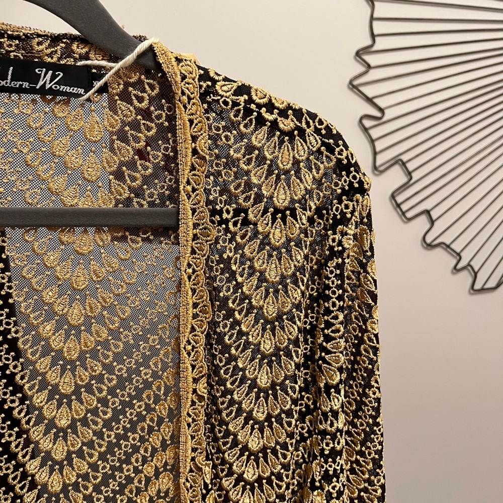 Vintage Modern Woman Gold and Black Lace Cardigan L